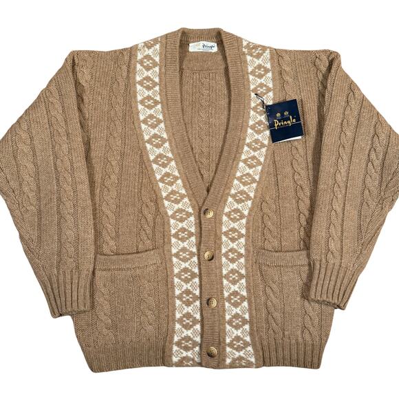 Vintage Pringle of Scotland Wool Cardigan Cable Knit Fair Isle Brown L 80s NWT - Picture 1 of 8